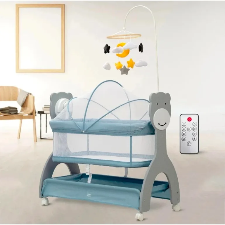 Blue and grey baby cradle with mesh net, hanging mobile and remote control