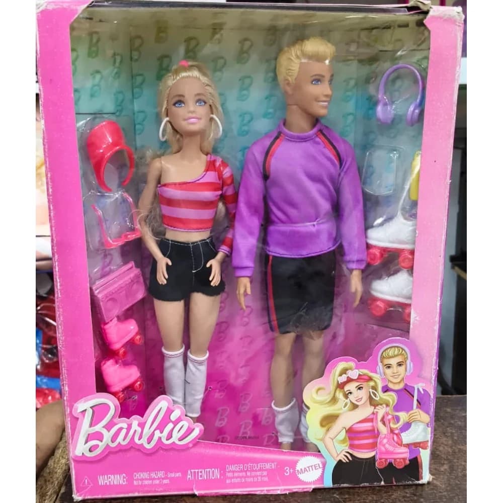 Barbie and Ken roller skating doll set with skates, headphones and boombox in display box