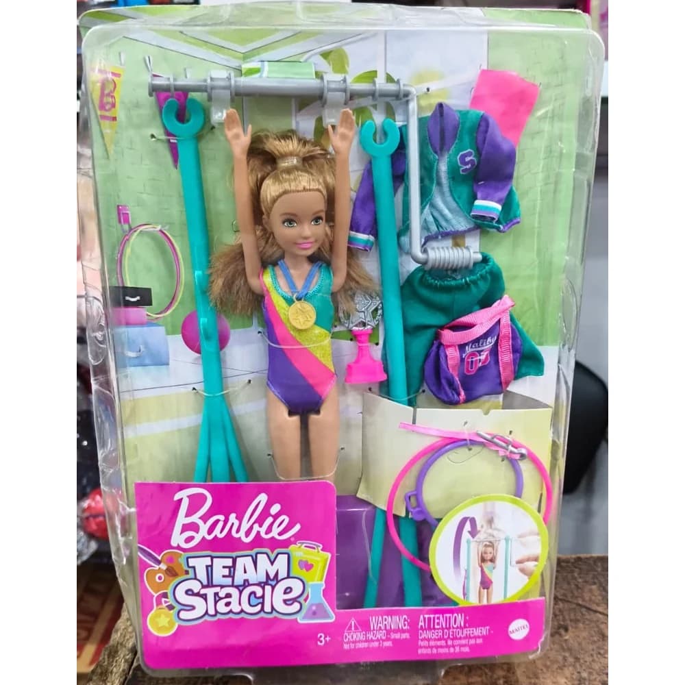 Barbie Team Stacie gymnast doll with bars, hoops, trophy, jacket and bag in retail packaging