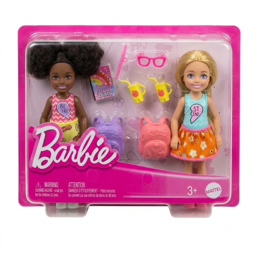Barbie set of two small dolls with backpacks, diary, glasses and drink cups in retail packaging