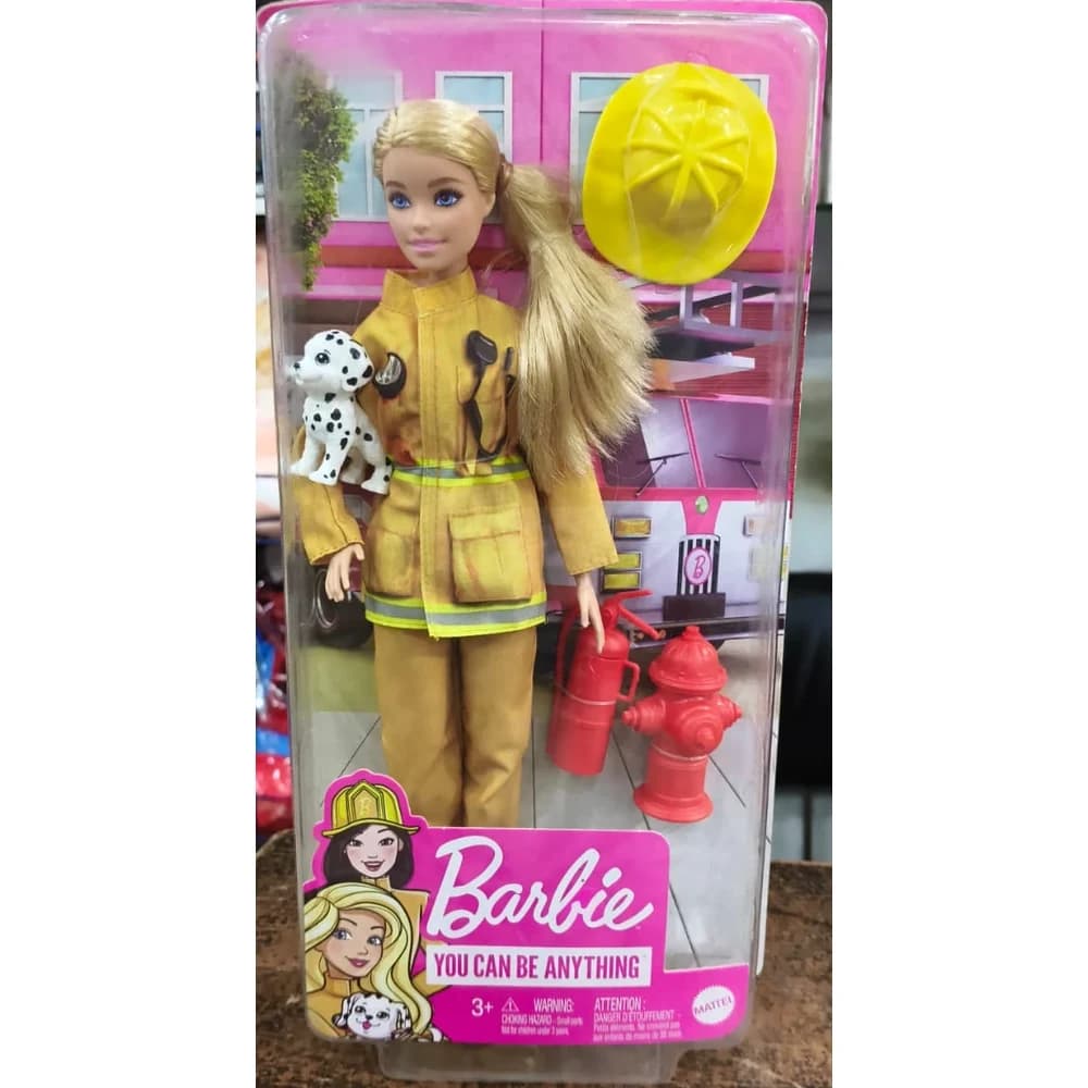 Barbie You Can Be Anything firefighter doll with Dalmatian puppy, helmet, extinguisher and hydrant in retail packaging