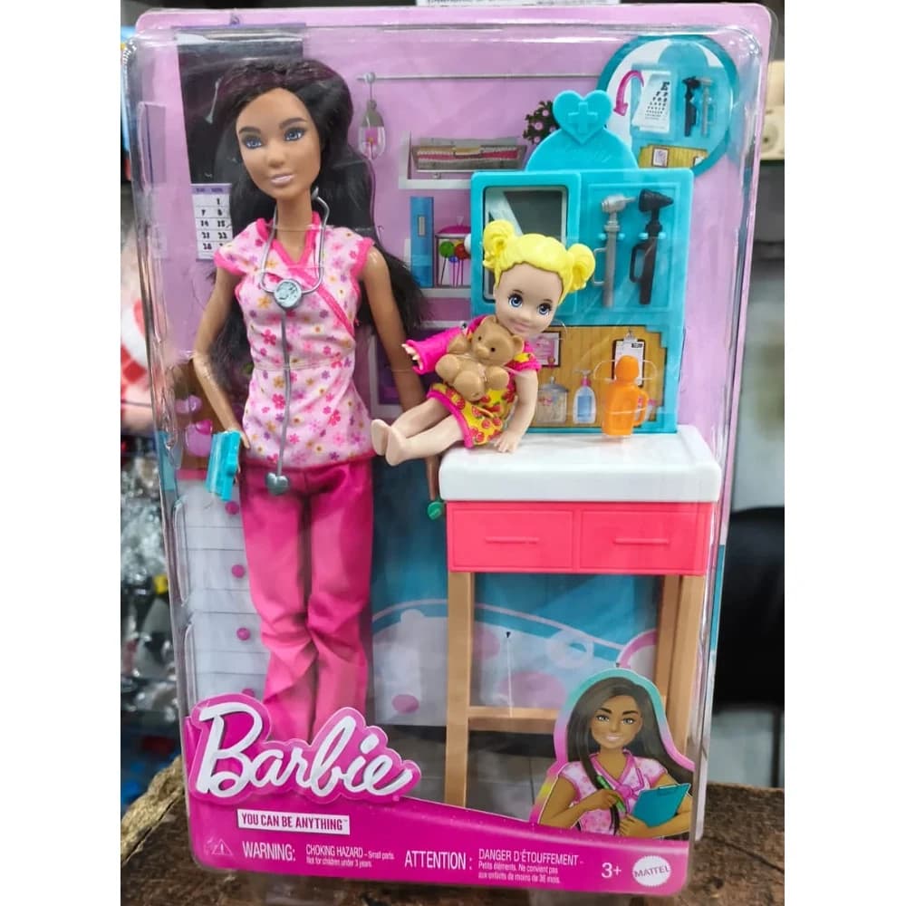 Barbie You Can Be Anything pediatrician doll with toddler doll, exam table and medical cabinet in retail packaging