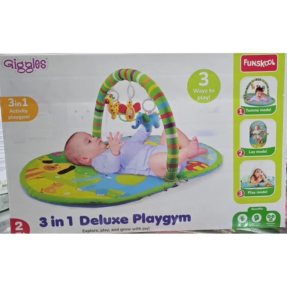 Giggles by Funskool 3 in 1 Deluxe Playgym retail box showing the play mat, toy arch and baby