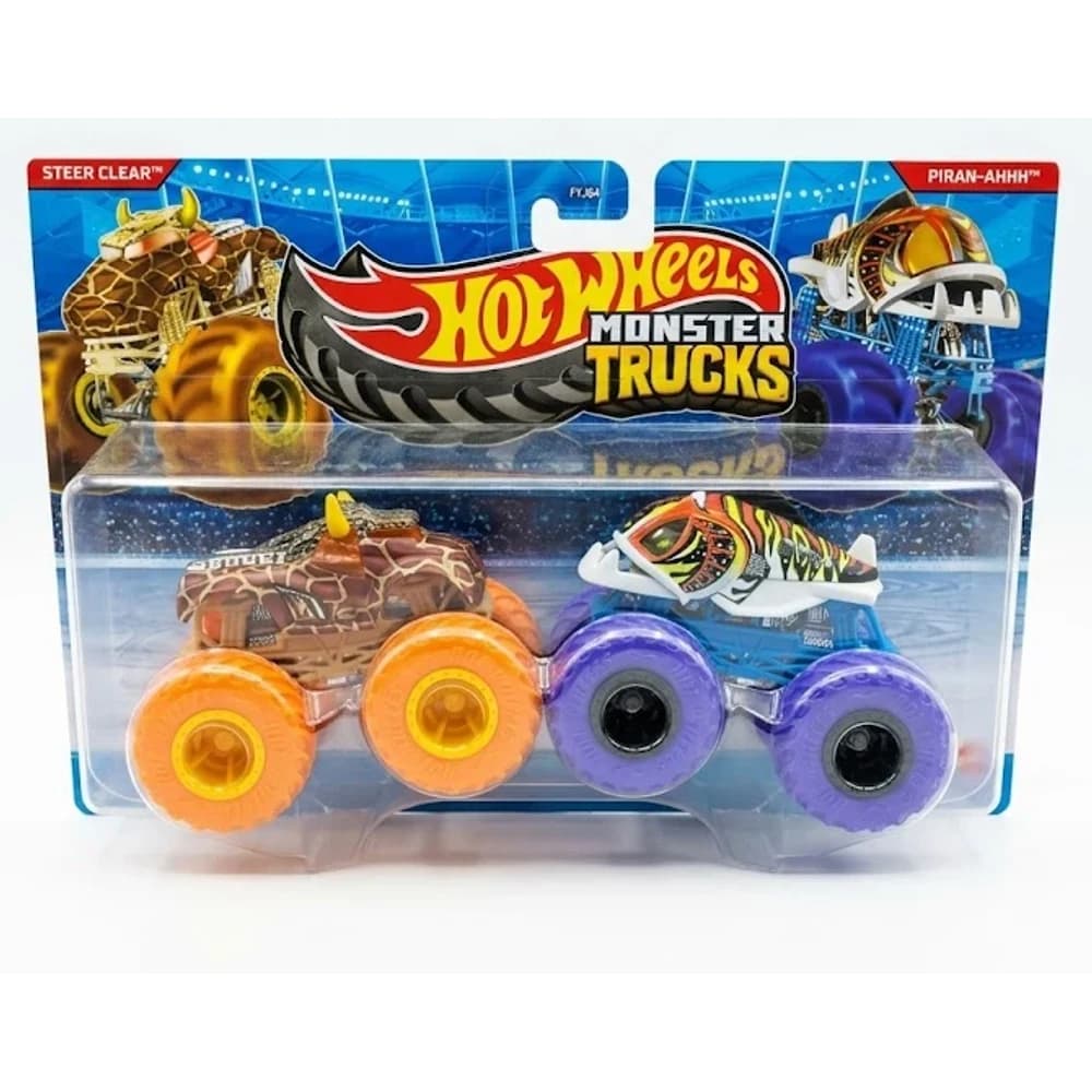 Hot Wheels Monster Trucks 2-pack with Steer Clear and Piran-Ahhh in retail packaging