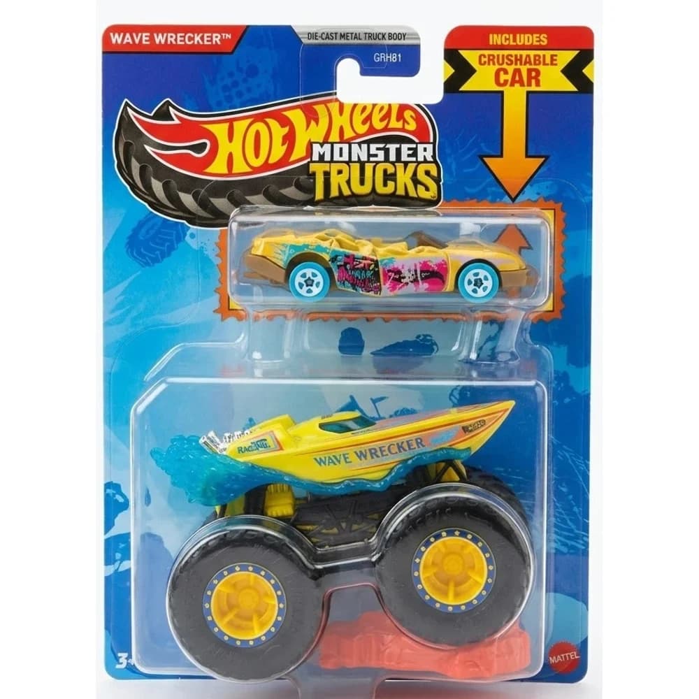Hot Wheels Monster Trucks Wave Wrecker truck with crushable car in retail packaging