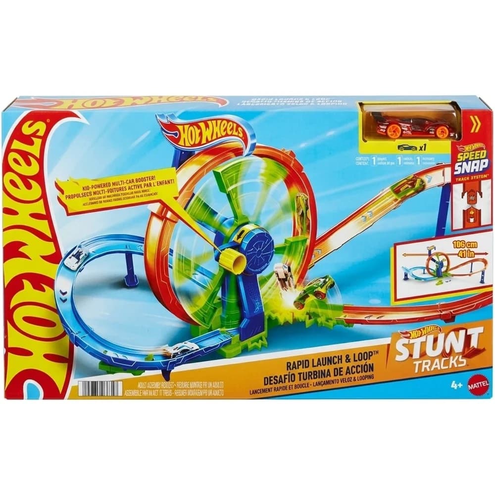 Hot Wheels Stunt Tracks Rapid Launch and Loop set in retail box showing the booster, loop and one car