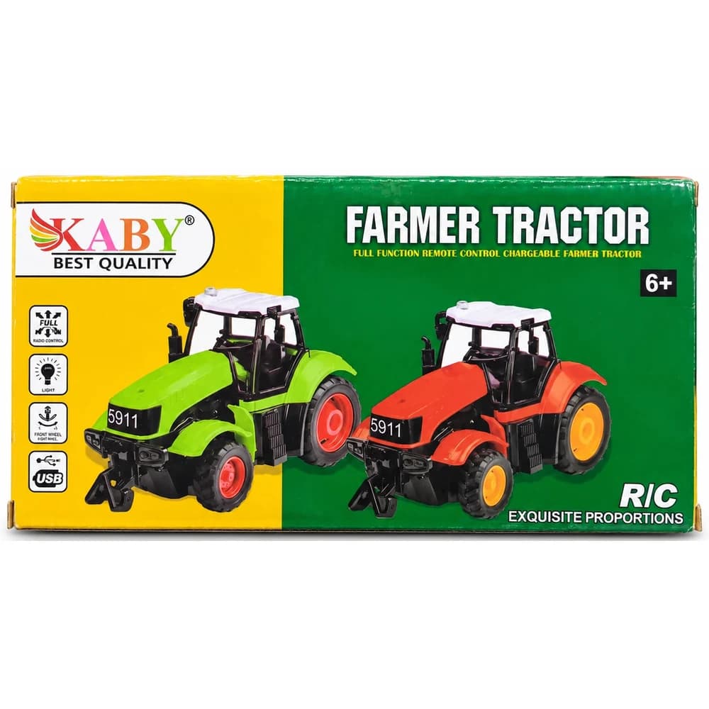 Kaby Farmer Tractor remote control chargeable toy retail box showing green and orange tractors