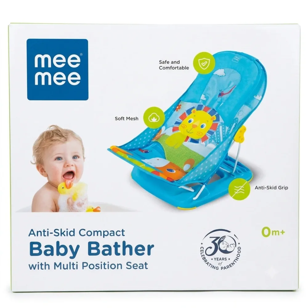 Mee Mee blue anti-skid compact baby bather with multi-position seat