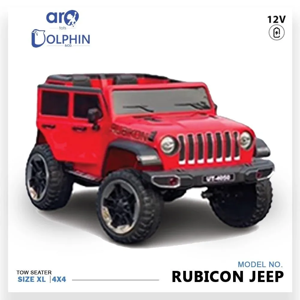 Red Rubicon Jeep kids ride-on with two seats and rugged tyres