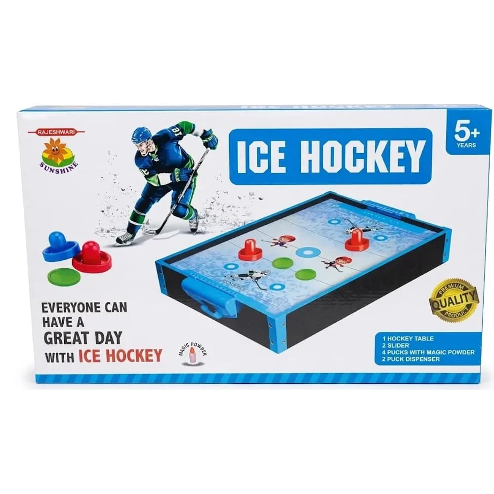 Sunshine Ice Hockey table top game box showing the hockey table, sliders and pucks