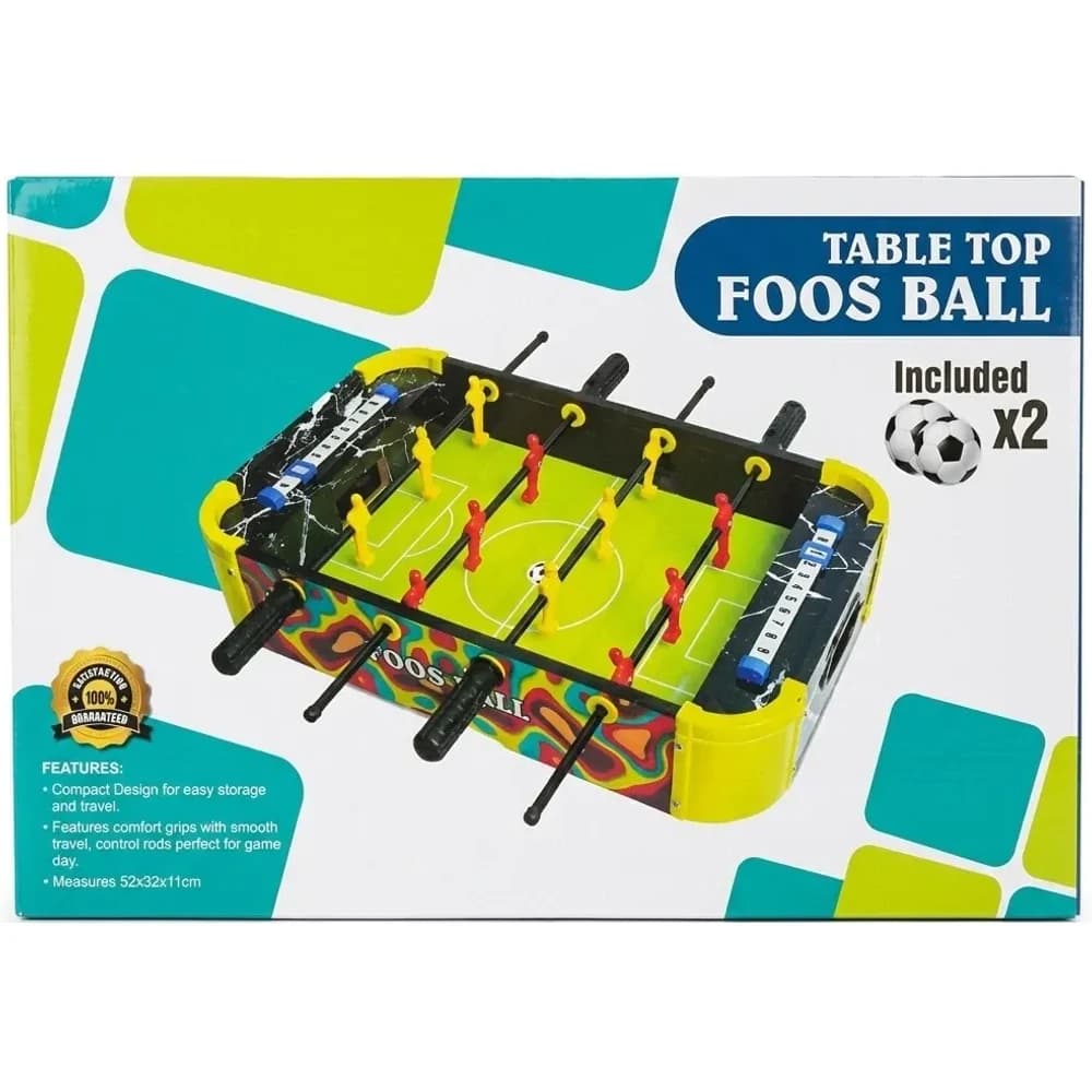 Table top foosball game box showing the compact foosball table, rods and two included balls