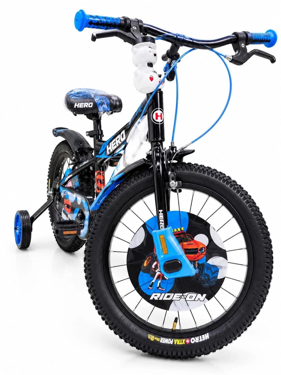 Blue and black Hero kids cycle with monster truck wheel cover and training wheels