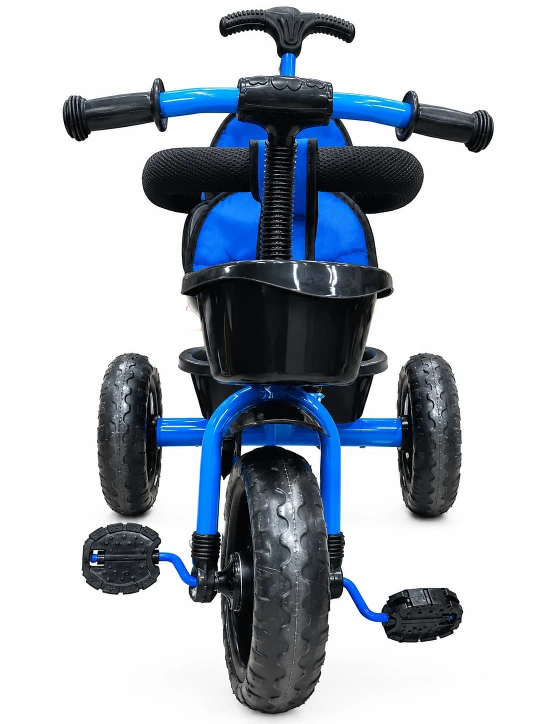 Blue kids tricycle with parent push handle, padded seat, safety bar and front basket