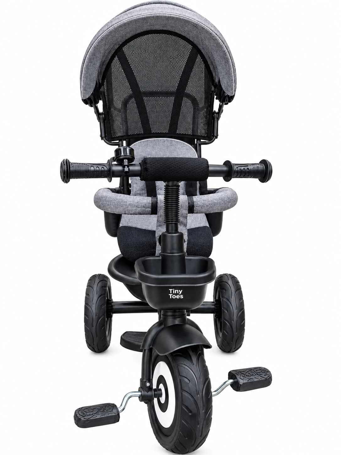 Grey Tiny Toes kids tricycle with canopy, padded seat with straps, safety bar and basket