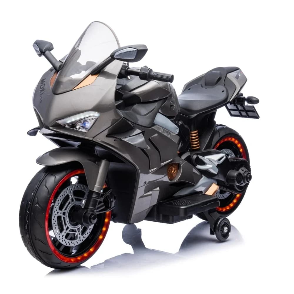 Grey V20 kids ride-on sports bike with glowing red wheel rims