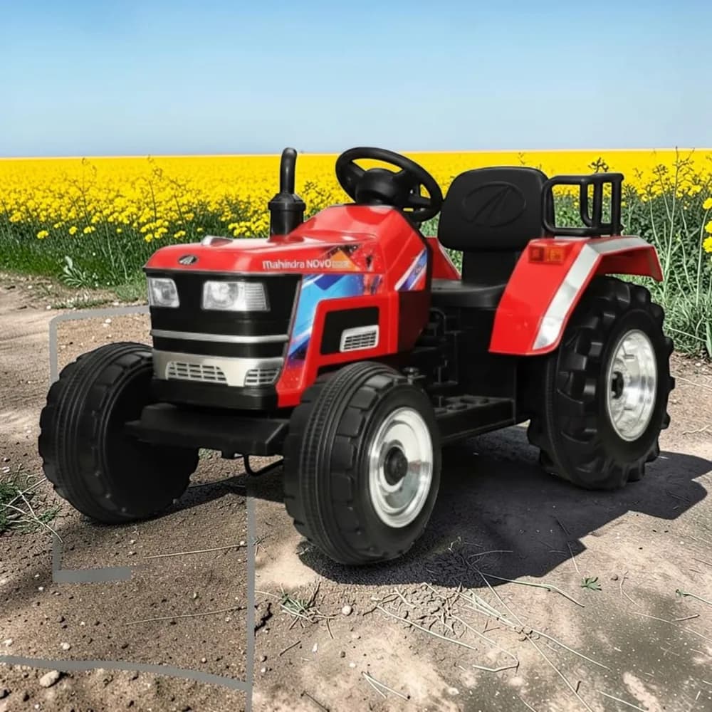 Red Mahindra Novo kids ride-on tractor with large black tyres