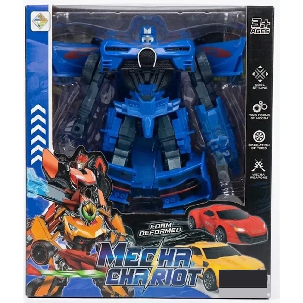 Blue Mecha Chariot transforming robot car toy in retail box