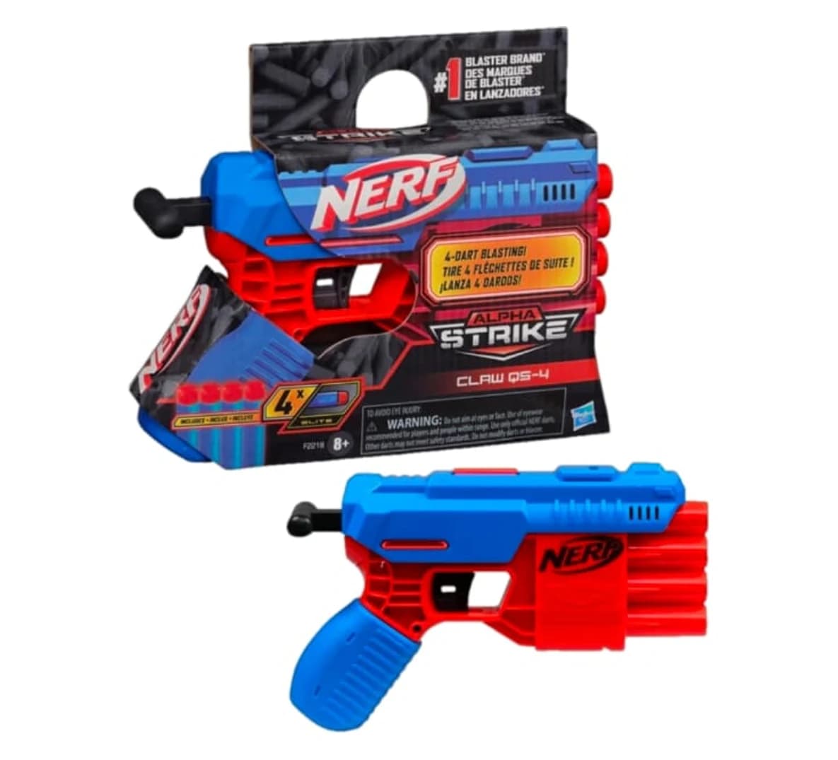 Nerf Alpha Strike Claw QS-4 blaster in its pack with the red and blue blaster and four darts