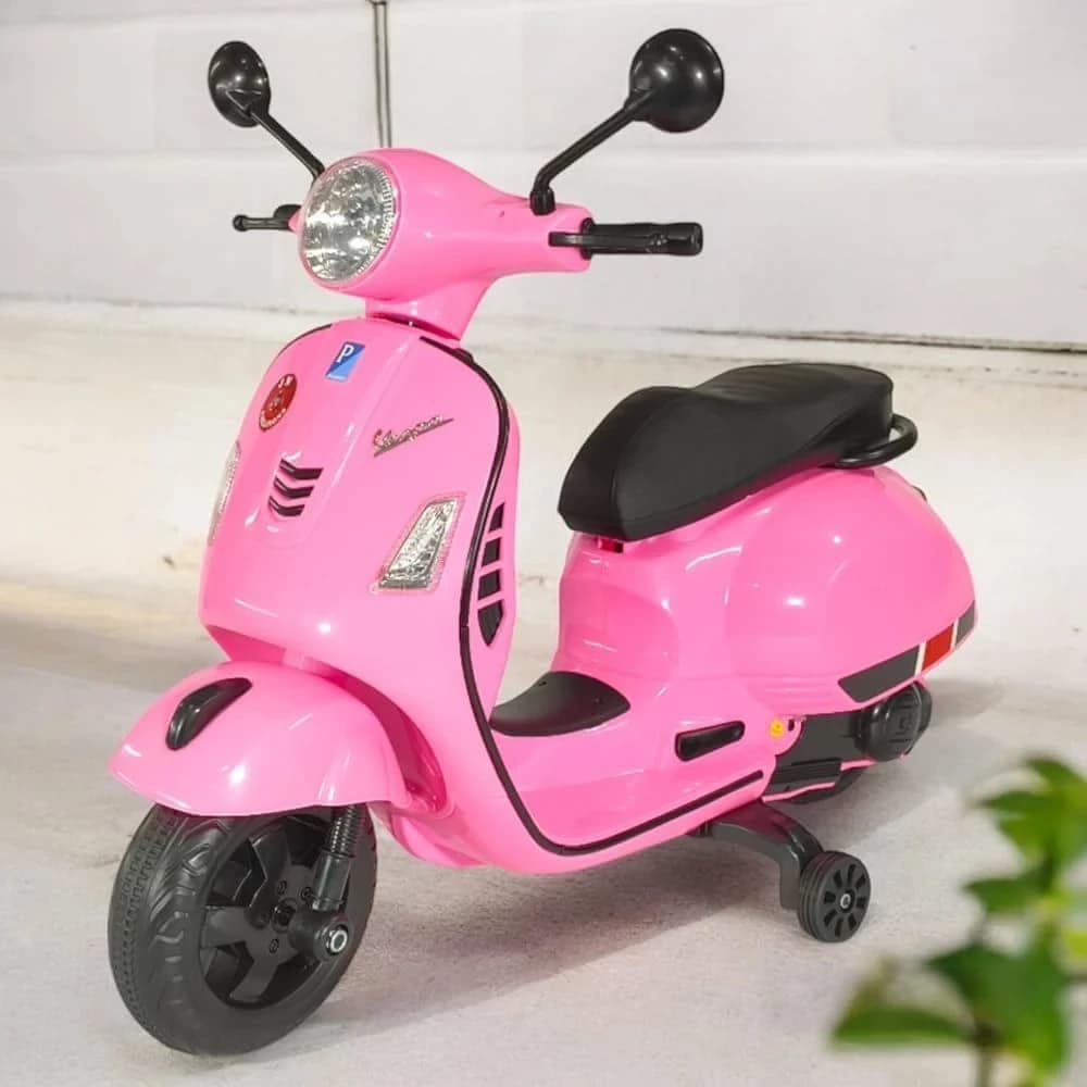 Pink scooter-style kids ride-on with training wheels