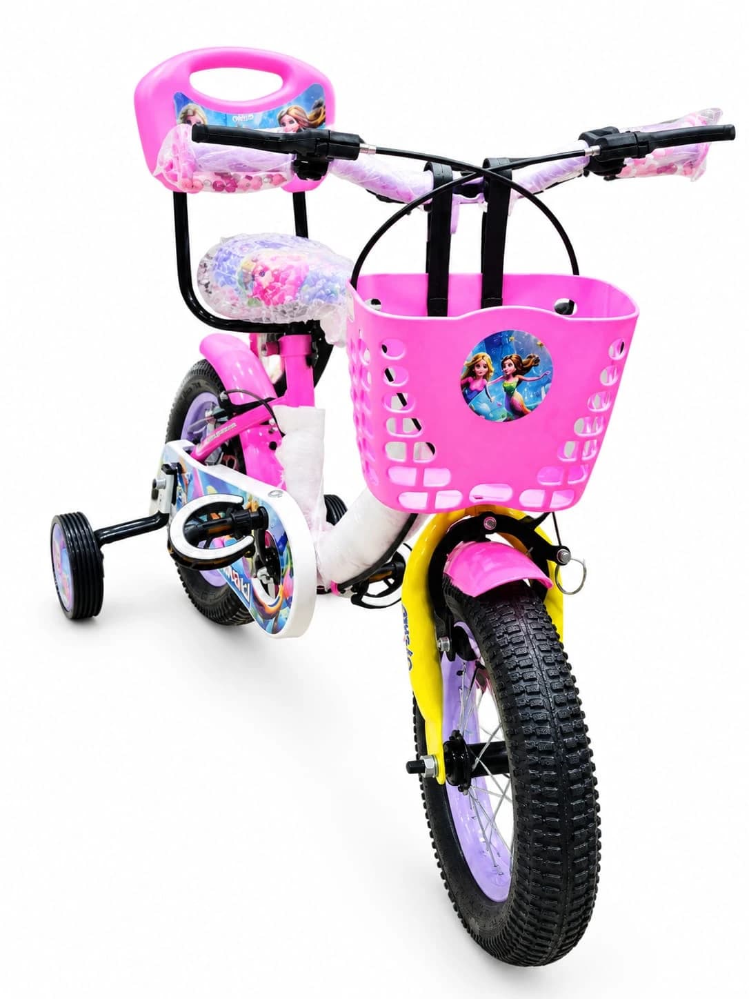 Pink princess print kids cycle with front basket, back rest and training wheels