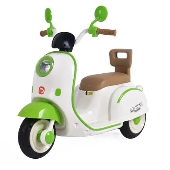 White and green kids ride-on scooter trike with brown seat