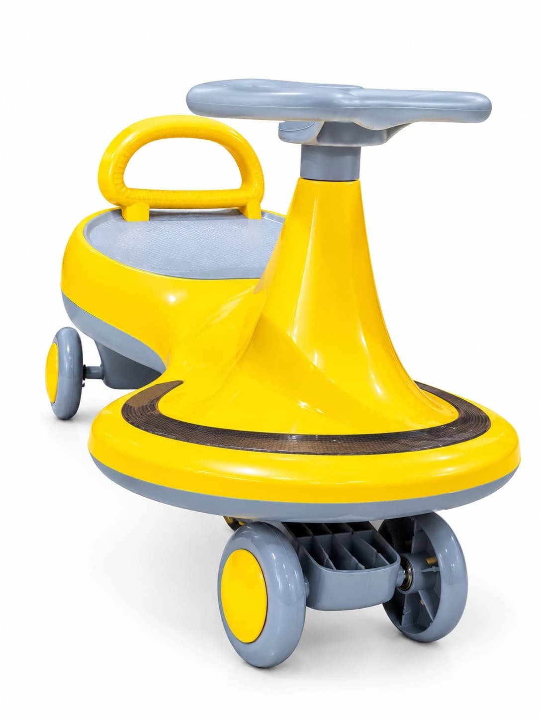 Yellow and grey magic swing car for kids with grey steering wheel